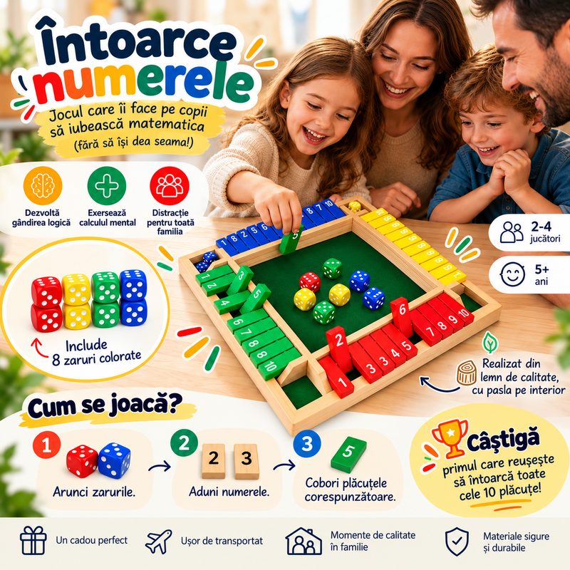 Marchează-le pe toate! – Joc Educativ din Lemn cu Zaruri pentru Copii și Familie