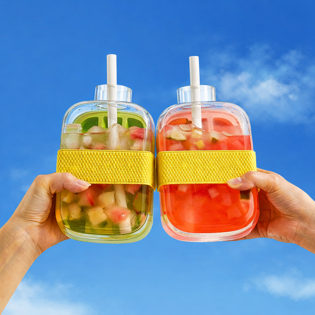 Sticlă pentru Gheață 2 în 1 cu Pai – Formă pentru 12 Cuburi, 500 ml