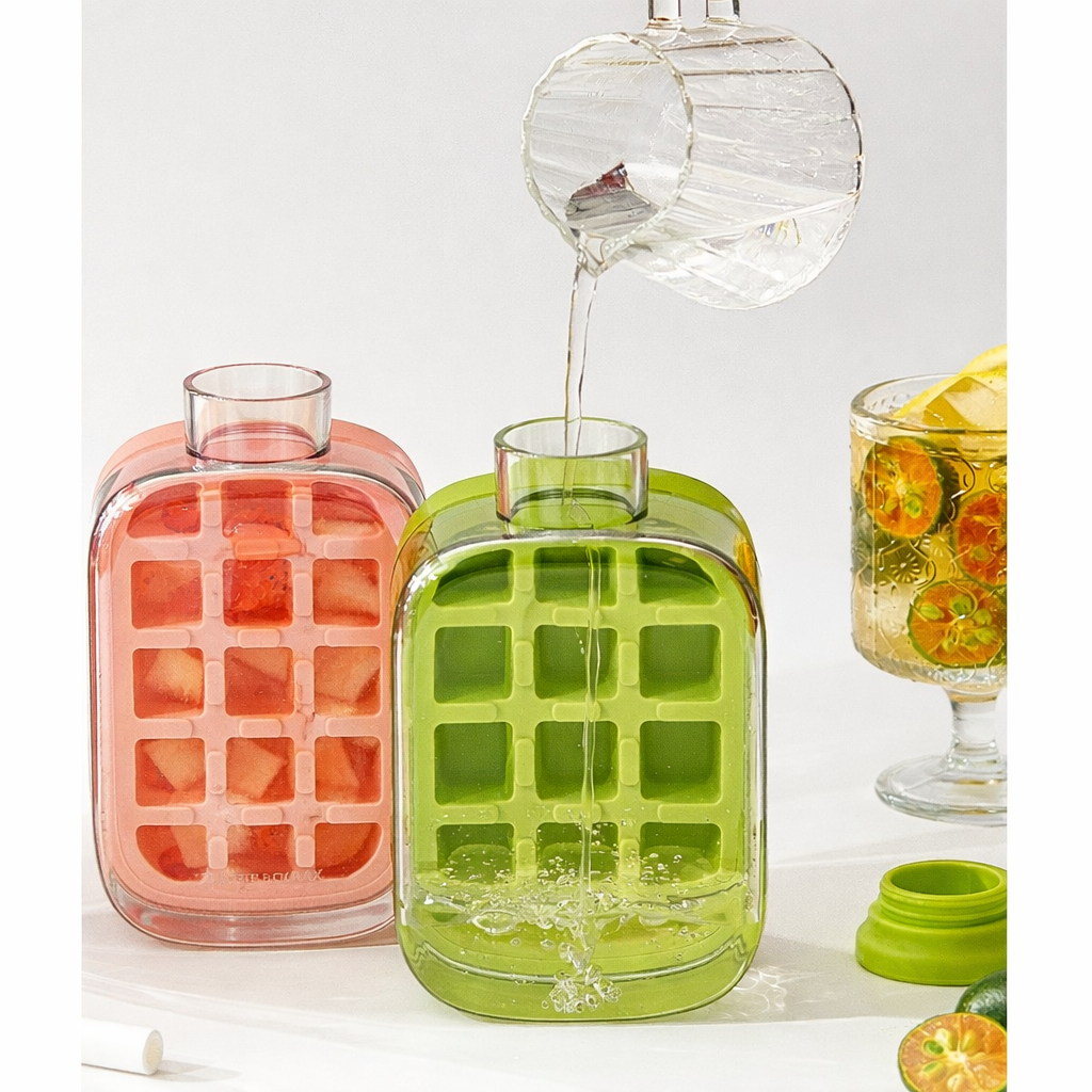 Sticlă pentru Gheață 2 în 1 cu Pai – Formă pentru 12 Cuburi, 500 ml